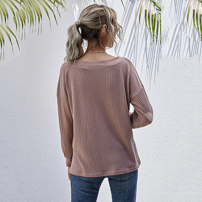 Damen Lockeres Waffelstrick-Longsleeve mit V-Ausschnitt und gerippten Bündchen Nord Taschen