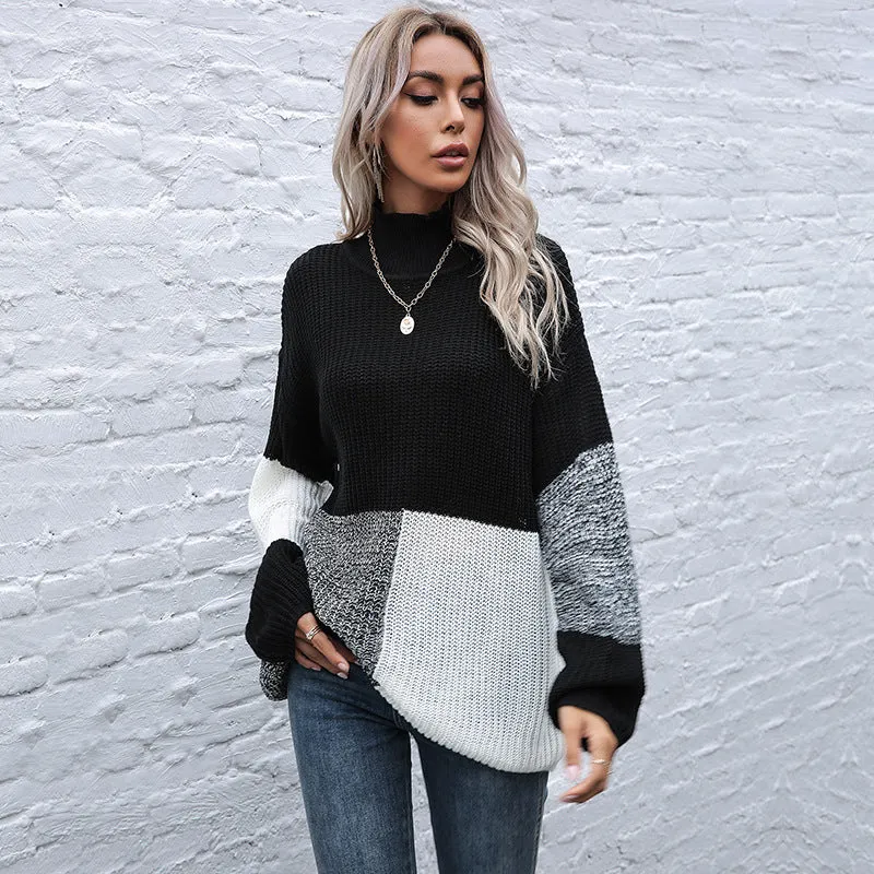 Damen Oversize Colorblock-Strickpullover mit Stehkragen und Ballonärmeln Nord Taschen