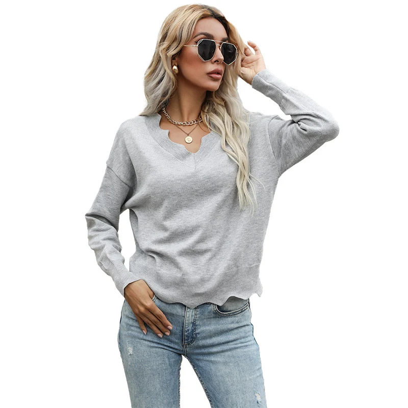 Damen Feiner V‑Ausschnitt-Pullover mit Wellensaum und feinem Rippbündchen Nord Taschen