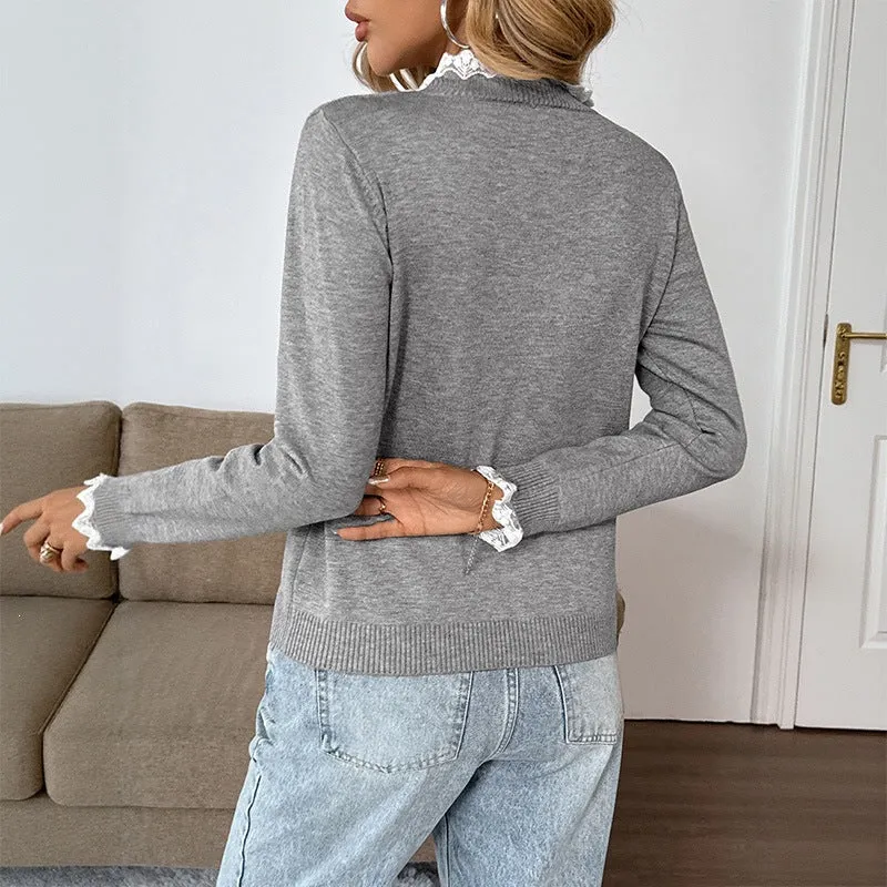 Damen Feiner Strickpullover mit Spitzenkragen, Henley-Knopfleiste und gerippten Bündchen Nord Taschen