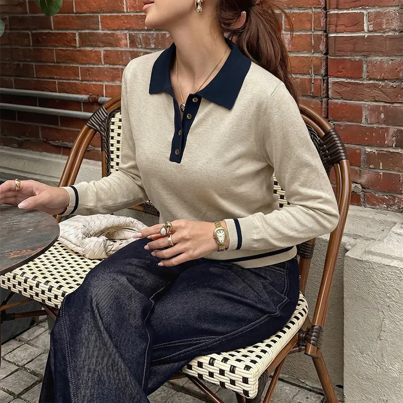Damen Feiner Polokragen-Strickpullover mit Knopfleiste, Kontrastkragen und gestreiften Bündchen Nord Taschen