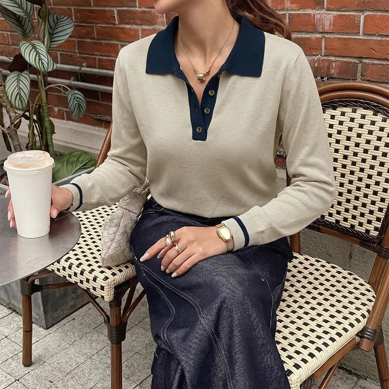 Damen Feiner Polokragen-Strickpullover mit Knopfleiste, Kontrastkragen und gestreiften Bündchen Nord Taschen