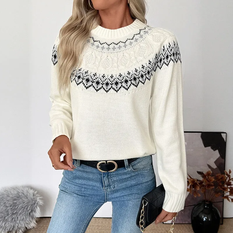 Damen Feiner Norweger‑Strickpullover mit Ajour‑Yoke und geripptem Bündchen Nord Taschen