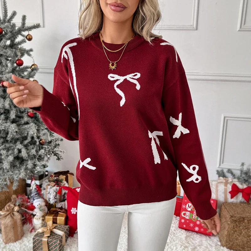 Damen Feiner Jacquard-Strickpullover mit Schleifenmotiv, Rundhalsausschnitt und geripptem Saum Nord Taschen
