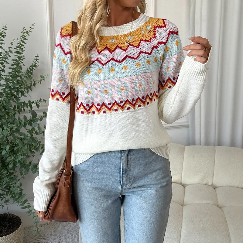 Damen Fair‑Isle Strickpullover mit Rundhals, Langarm & Relaxed‑Fit Nord Taschen