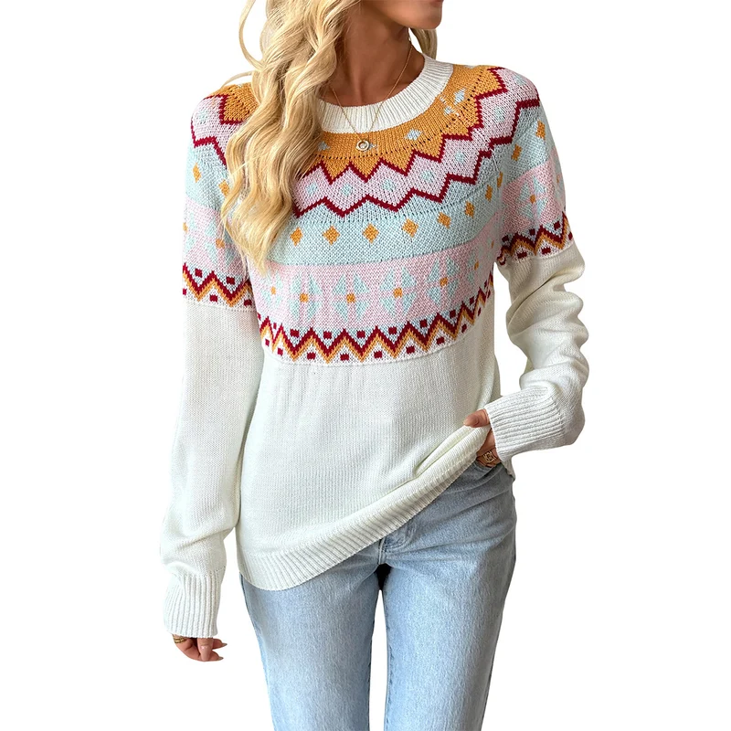 Damen Fair‑Isle Strickpullover mit Rundhals, Langarm & Relaxed‑Fit Nord Taschen