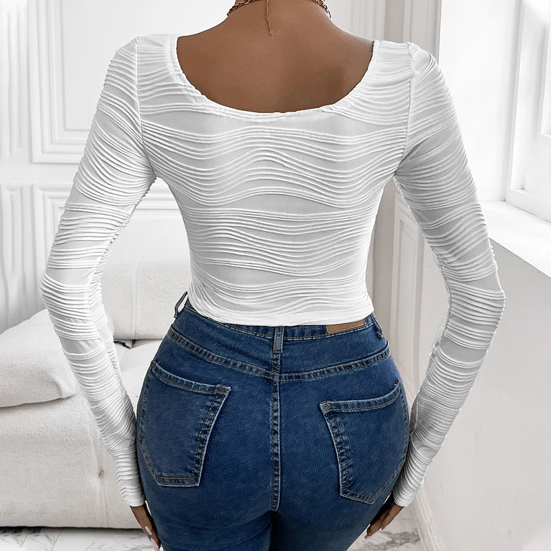 Damen Enganliegendes Struktur-Longsleeve mit wellenförmiger Textur und U‑Boot‑Ausschnitt Nord Taschen