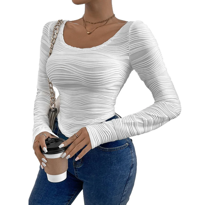 Damen Enganliegendes Struktur-Longsleeve mit wellenförmiger Textur und U‑Boot‑Ausschnitt Nord Taschen