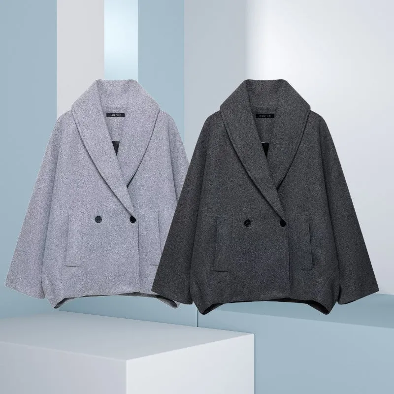 Damen Boxy-Wollmix-Cape-Mantel mit weitem Schalkragen und doppelter Knopfleiste Nord Taschen