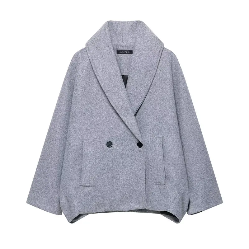 Damen Boxy-Wollmix-Cape-Mantel mit weitem Schalkragen und doppelter Knopfleiste Nord Taschen
