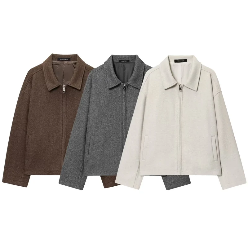 Damen Boxy Wollmix-Blousonjacke mit Reißverschluss und Hemdkragen Nord Taschen
