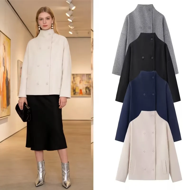 Damen Boxy Wolljacke im Cocoon‑Schnitt mit Stehkragen und doppeltreiher Knopfleiste Nord Taschen