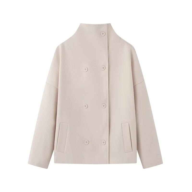 Damen Boxy Wolljacke im Cocoon‑Schnitt mit Stehkragen und doppeltreiher Knopfleiste Nord Taschen
