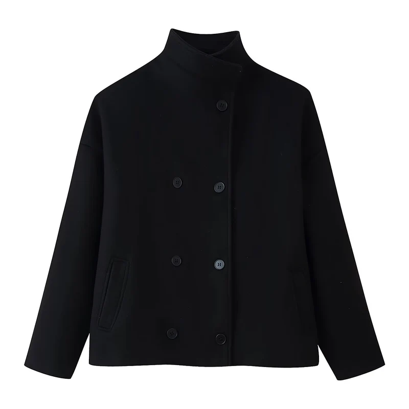 Damen Boxy Wolljacke im Cocoon‑Schnitt mit Stehkragen und doppeltreiher Knopfleiste Nord Taschen