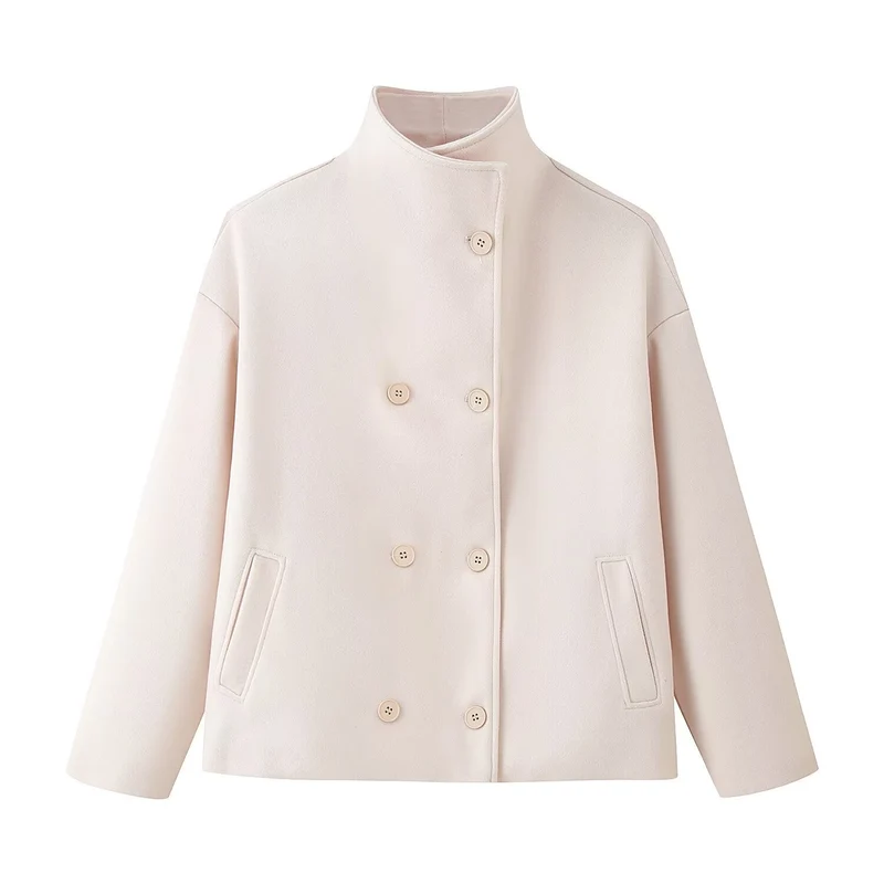 Damen Boxy Wolljacke im Cocoon‑Schnitt mit Stehkragen und doppeltreiher Knopfleiste Nord Taschen