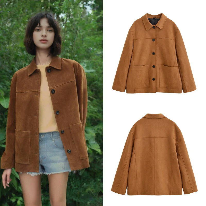 Damen Boxy-Utility-Jacke aus Wildlederoptik mit Hemdkragen und großen aufgesetzten Taschen Nord Taschen