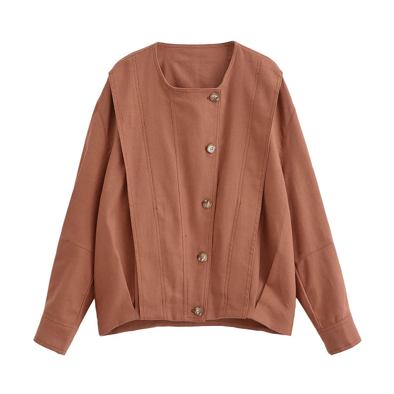 Damen Boxy-Übergangsjacke mit Rundhalsausschnitt, dekorativen Steppnähten und sichtbarer Knopfleiste Nord Taschen