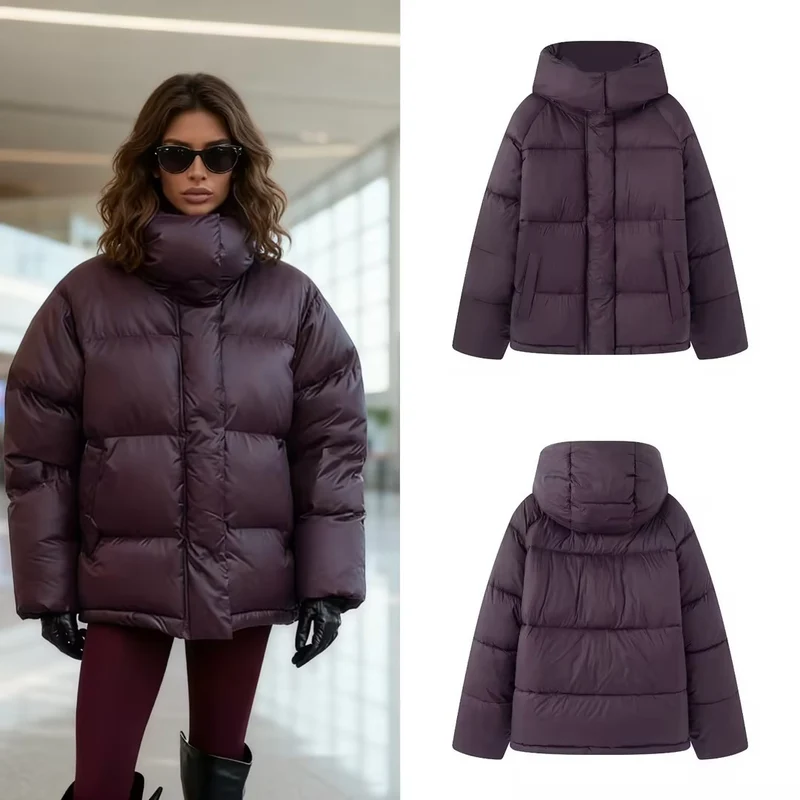 Damen Boxy Steppjacke mit hohem Kragen, Kapuze und verdeckter Verschluss Nord Taschen