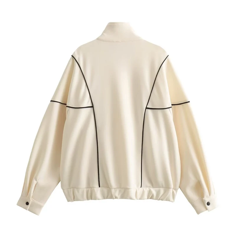 Damen Boxy Oversize Bomberjacke mit Kontrastpaspeln und Stehkragen Nord Taschen