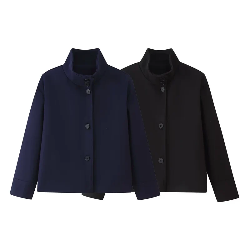 Damen Boxy-Kurzjacke mit hohem Stehkragen und verdeckter Knopfleiste Nord Taschen