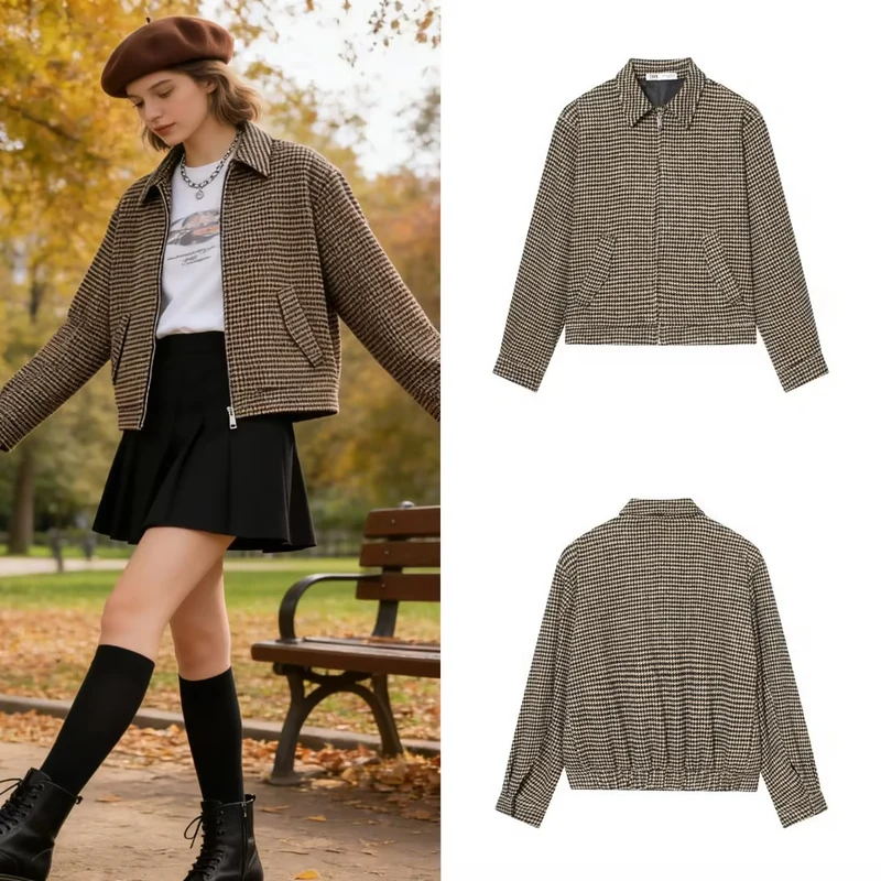 Damen Boxy-Kurzjacke aus Wollmix mit Hahnentrittmuster, Reißverschluss und Hemdkragen Nord Taschen