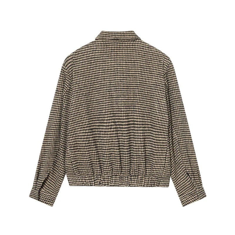 Damen Boxy-Kurzjacke aus Wollmix mit Hahnentrittmuster, Reißverschluss und Hemdkragen Nord Taschen