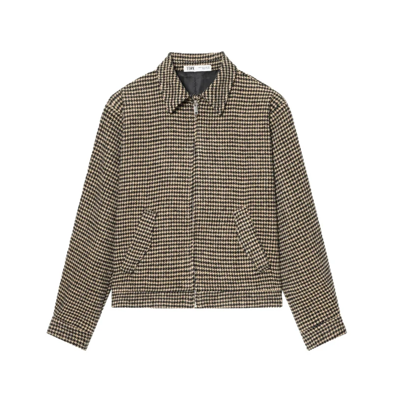 Damen Boxy-Kurzjacke aus Wollmix mit Hahnentrittmuster, Reißverschluss und Hemdkragen Nord Taschen