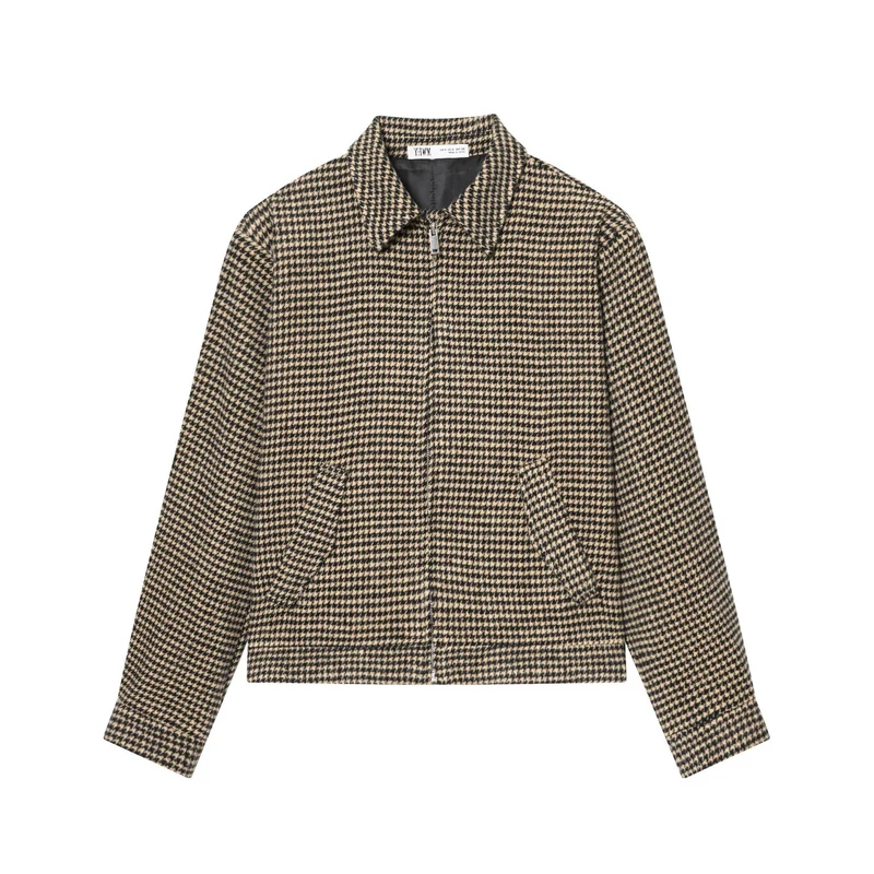 Damen Boxy-Kurzjacke aus Wollmix mit Hahnentrittmuster, Reißverschluss und Hemdkragen Nord Taschen