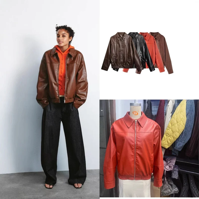 Damen Boxy Kunstleder-Blousonjacke mit Hemdkragen, Reißverschluss und elastischem Saum Nord Taschen
