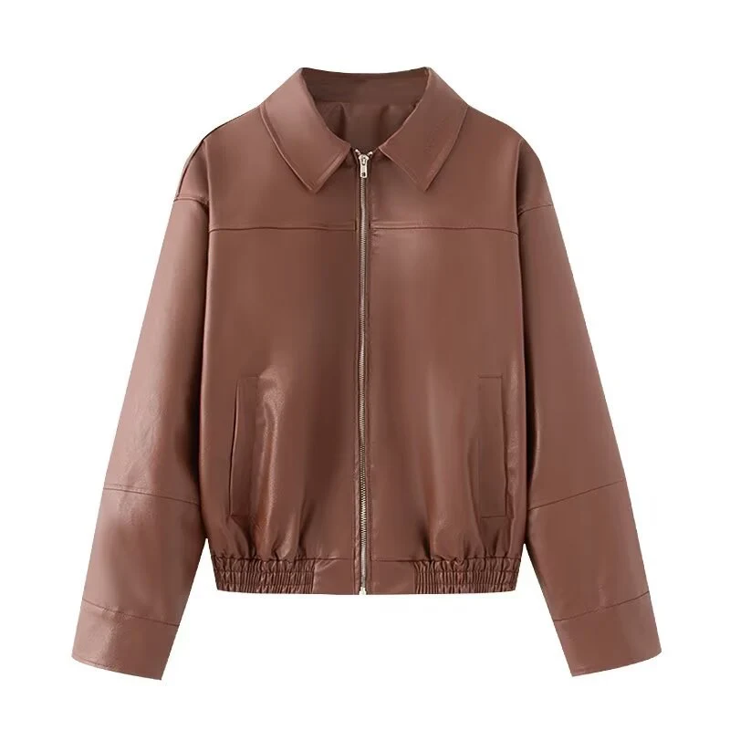 Damen Boxy Kunstleder-Blousonjacke mit Hemdkragen, Reißverschluss und elastischem Saum Nord Taschen