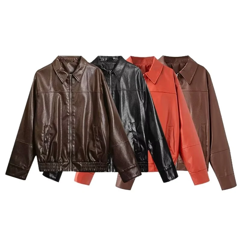 Damen Boxy Kunstleder-Blousonjacke mit Hemdkragen, Reißverschluss und elastischem Saum Nord Taschen