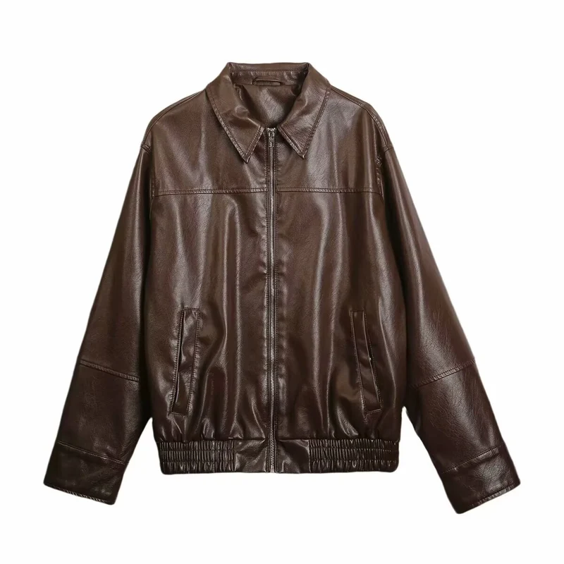 Damen Boxy Kunstleder-Blousonjacke mit Hemdkragen, Reißverschluss und elastischem Saum Nord Taschen