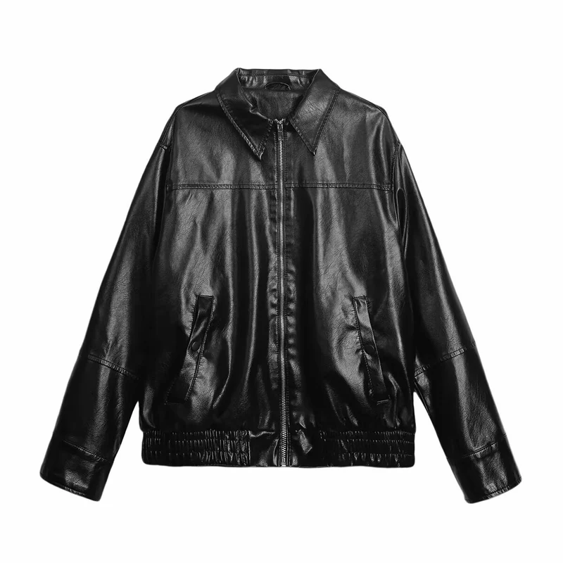 Damen Boxy Kunstleder-Blousonjacke mit Hemdkragen, Reißverschluss und elastischem Saum Nord Taschen