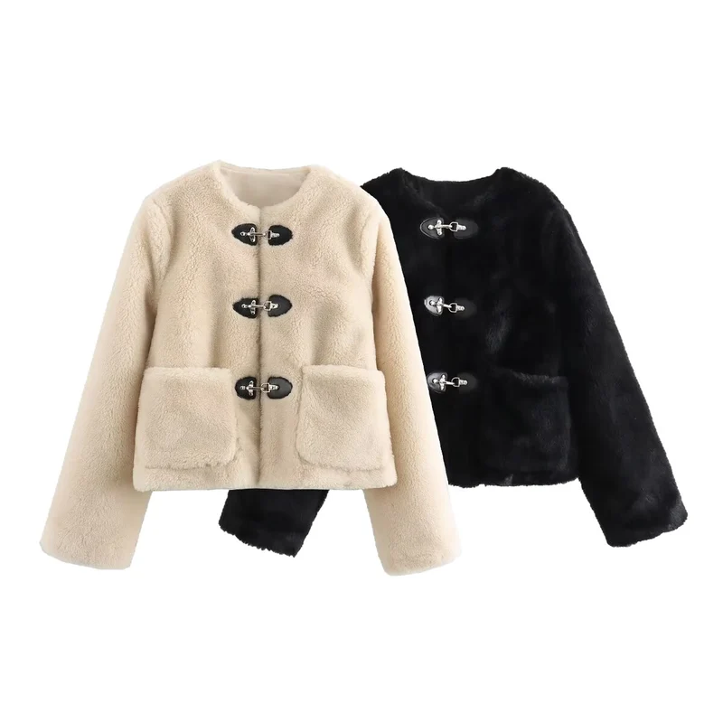 Damen Kurze Teddyjacke aus Faux-Fur mit Knebel-Verschlüssen und aufgesetzten Taschen Nord Taschen