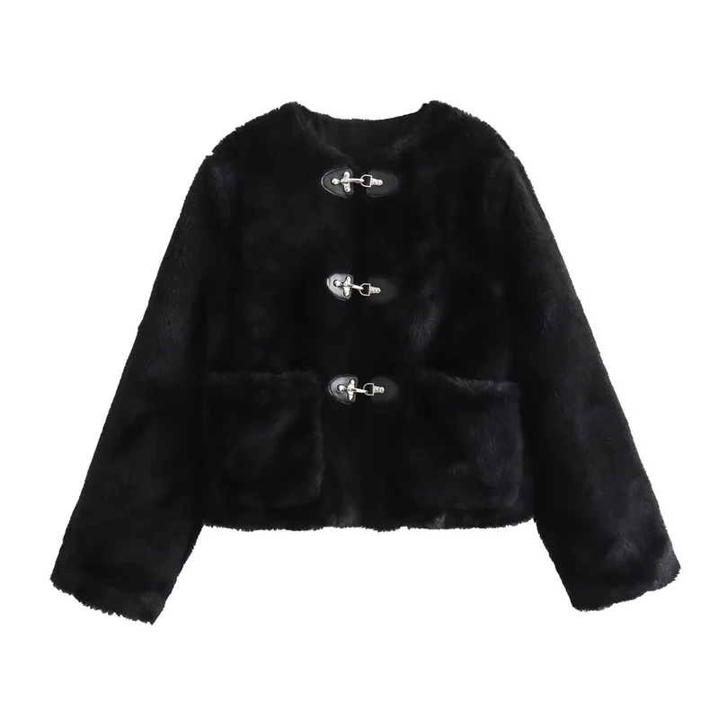 Damen Kurze Teddyjacke aus Faux-Fur mit Knebel-Verschlüssen und aufgesetzten Taschen Nord Taschen