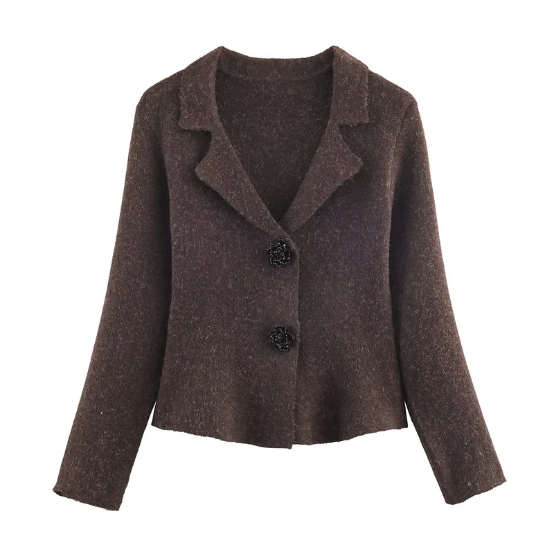 Damen Kurze taillierte Wolloptik-Jacke mit Reverskragen und Zierblütenknöpfen Nord Taschen