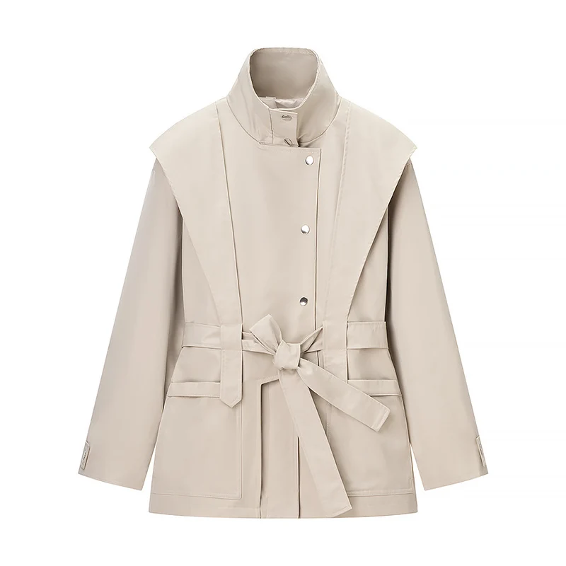Damen Kurze Taillierte Regenjacke mit Cape‑Schulterdetail und Bindegürtel Nord Taschen