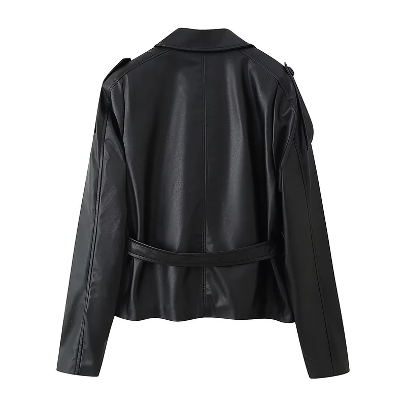 Damen Kurze Taillierte Kunstlederjacke mit Bindegürtel und Hemdkragen Nord Taschen