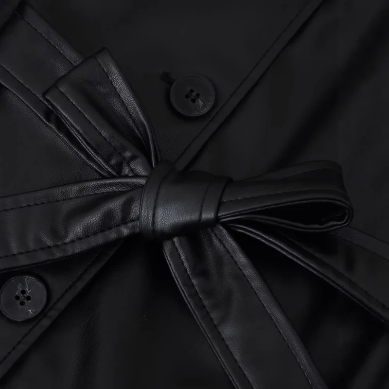 Damen Kurze Taillierte Kunstlederjacke mit Bindegürtel und Hemdkragen Nord Taschen