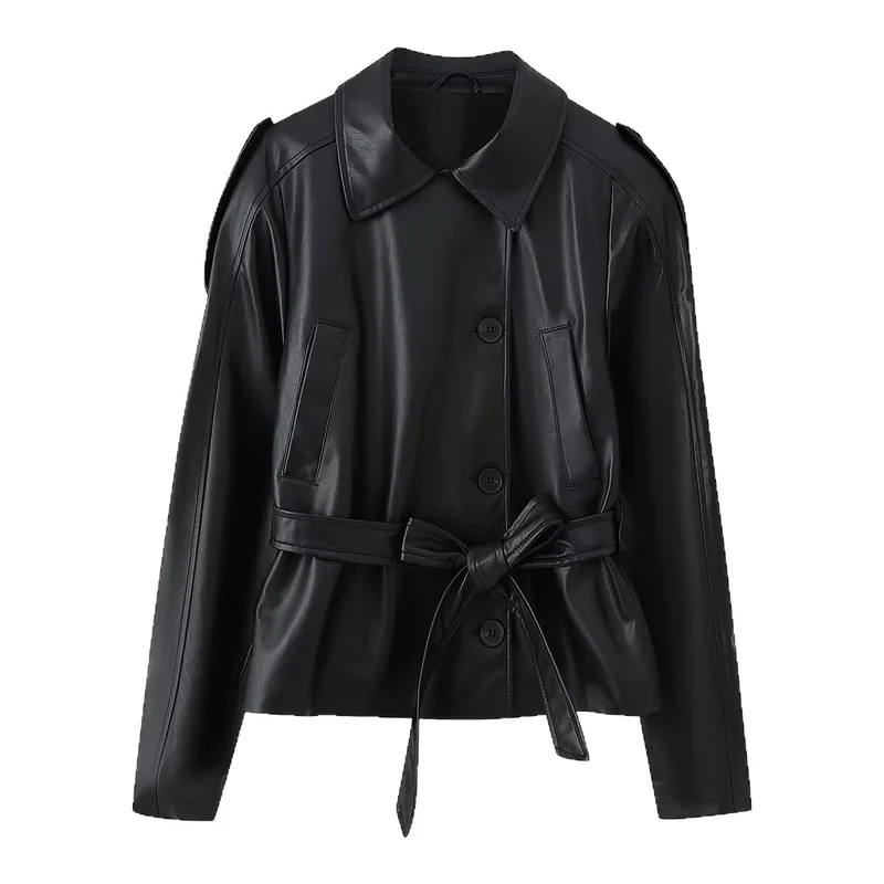 Damen Kurze Taillierte Kunstlederjacke mit Bindegürtel und Hemdkragen Nord Taschen