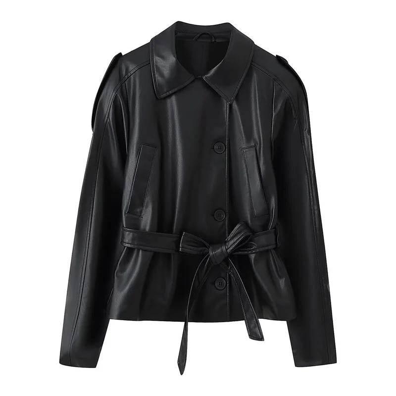 Damen Kurze Taillierte Kunstlederjacke mit Bindegürtel und Hemdkragen Nord Taschen
