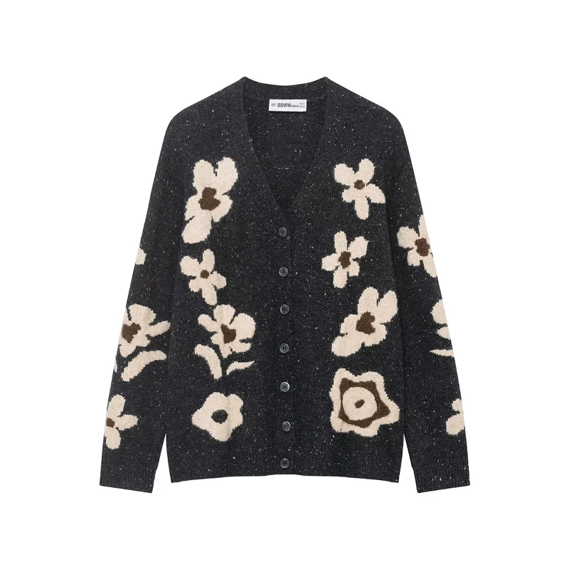 Damen Kurze Strickjacke mit Leopardenmuster und Perlenblütenknöpfen Nord Taschen