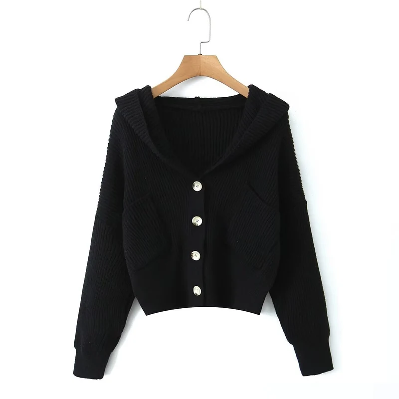 Damen Kurze Rippstrick-Cardigan mit weitem Kapuzenkragen und aufgesetzten Taschen Nord Taschen