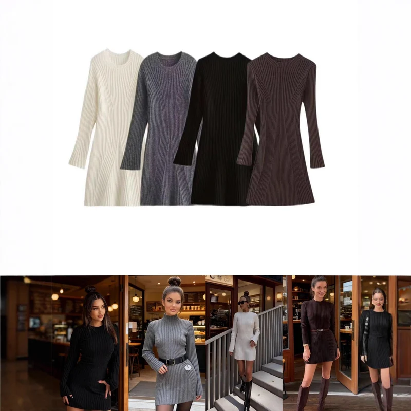 Damen Geripptes Strickkleid mit ausgestellter A‑Linie und weiten Manschetten Nord Taschen