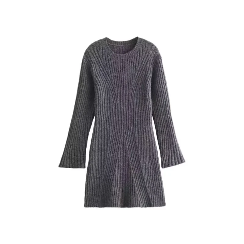 Damen Geripptes Strickkleid mit ausgestellter A‑Linie und weiten Manschetten Nord Taschen