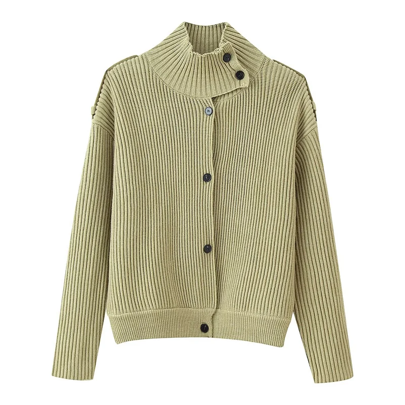 Damen Gerippter Strickcardigan mit hohem Stehkragen und Knopfblende Nord Taschen