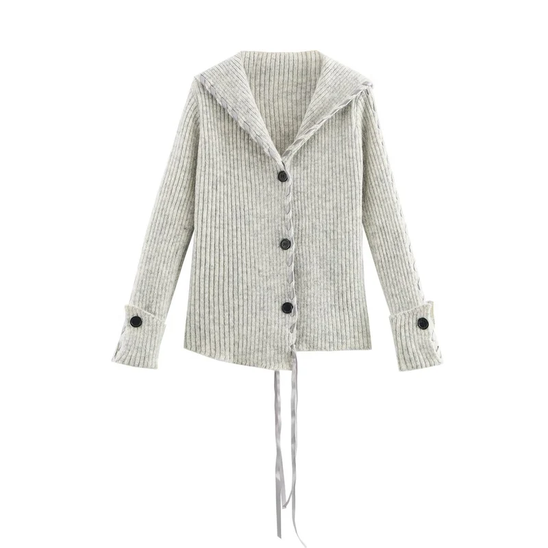 Damen Gerippte Strickjacke mit Matrosenkragen, Zierband‑Schnürung und Knopfleiste Nord Taschen