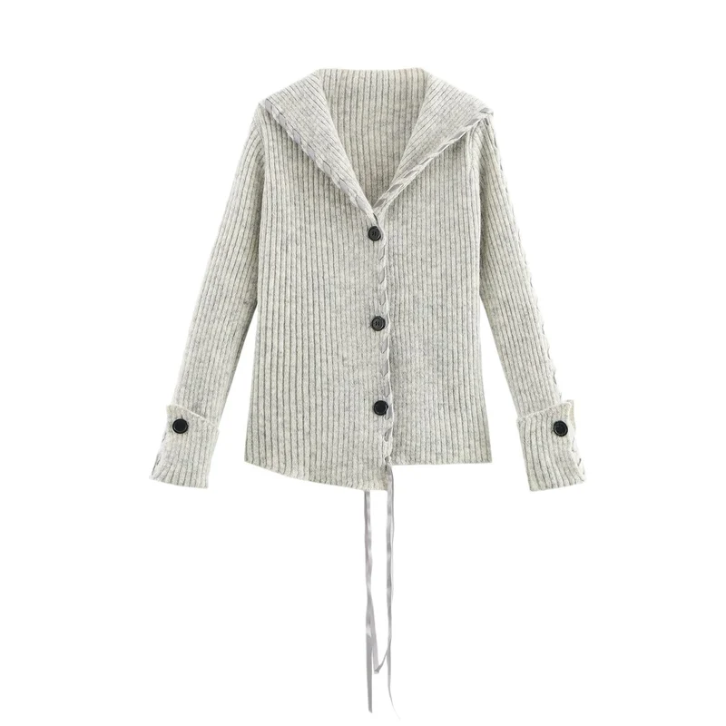 Damen Gerippte Strickjacke mit Matrosenkragen, Zierband‑Schnürung und Knopfleiste Nord Taschen