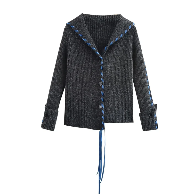 Damen Gerippte Strickjacke mit Matrosenkragen, Zierband‑Schnürung und Knopfleiste Nord Taschen
