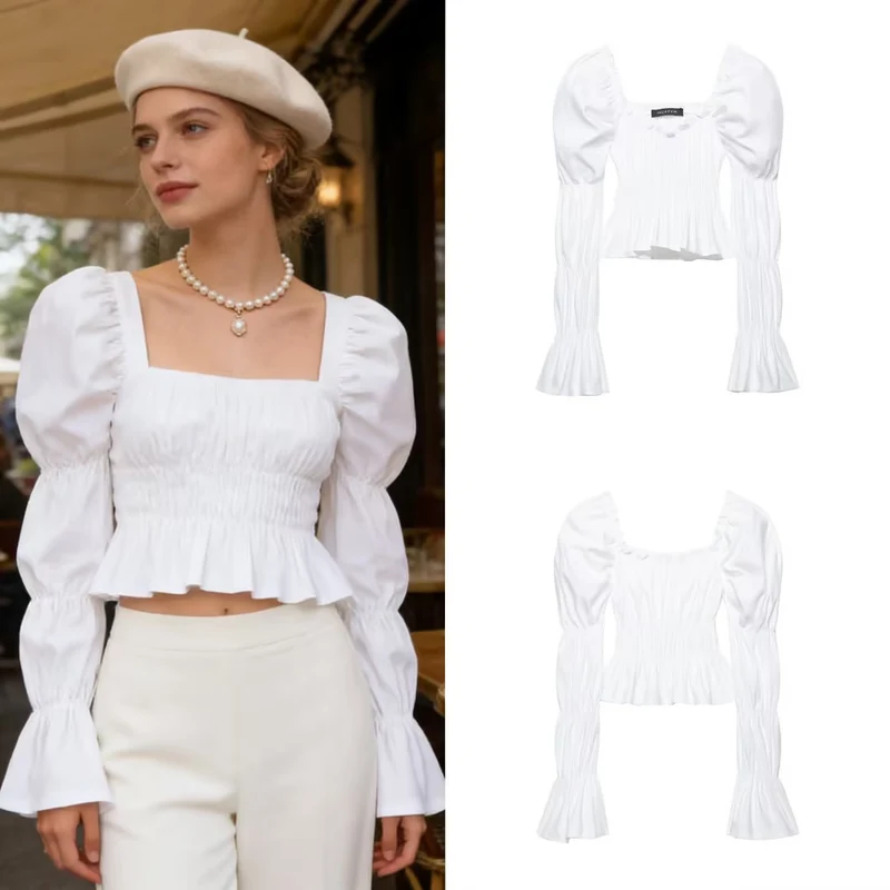 Damen Gerafftes Carmen-Crop-Top mit Puffärmeln, smockierter Taille und Stufenärmeln Nord Taschen